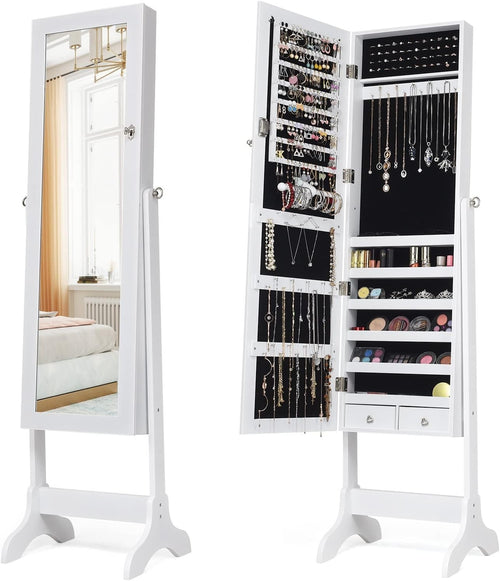 White Standing Jewelry Organizer Mirror Lockable Armoire Adjustable Angle