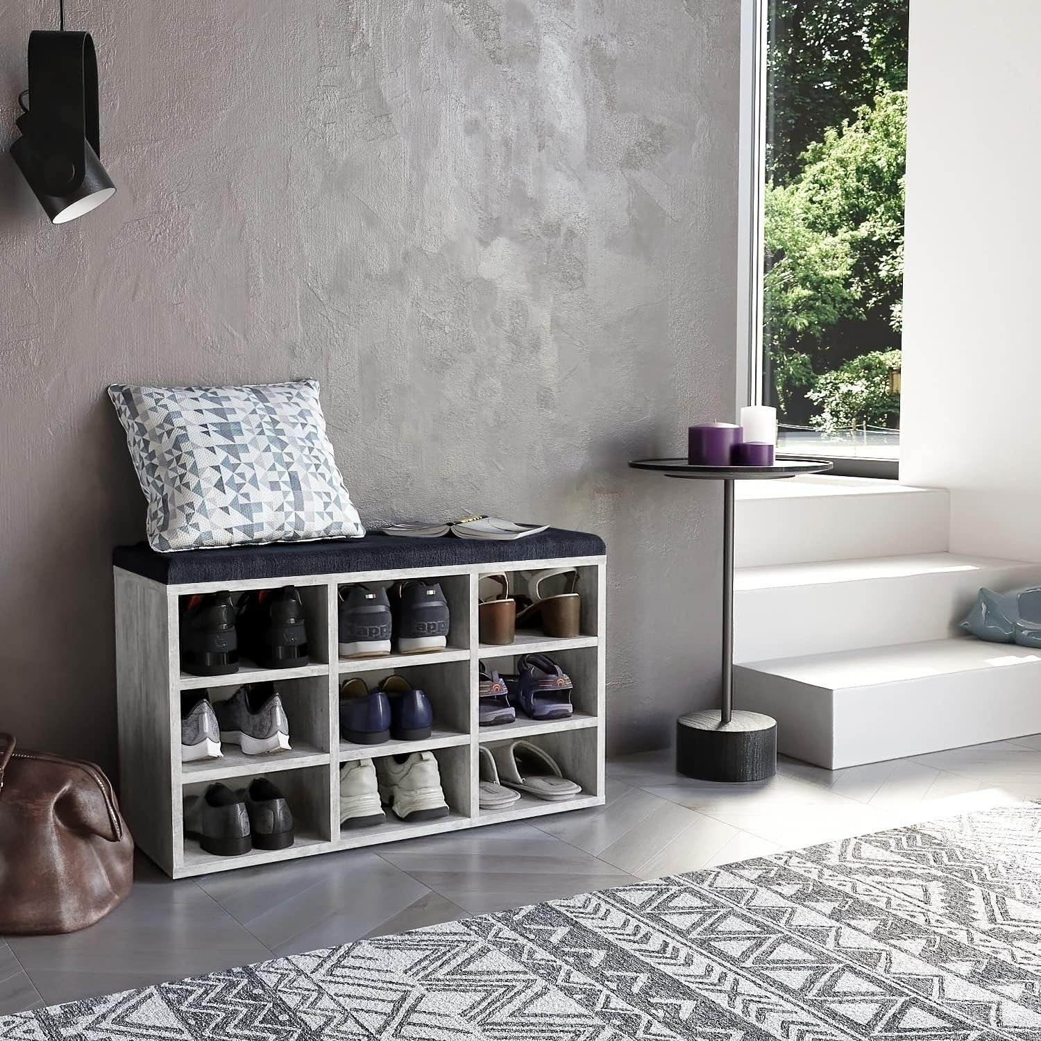 Concrete Grey Shoe Storage Bench with Cushion – Hallway Seat 80x30x50cm