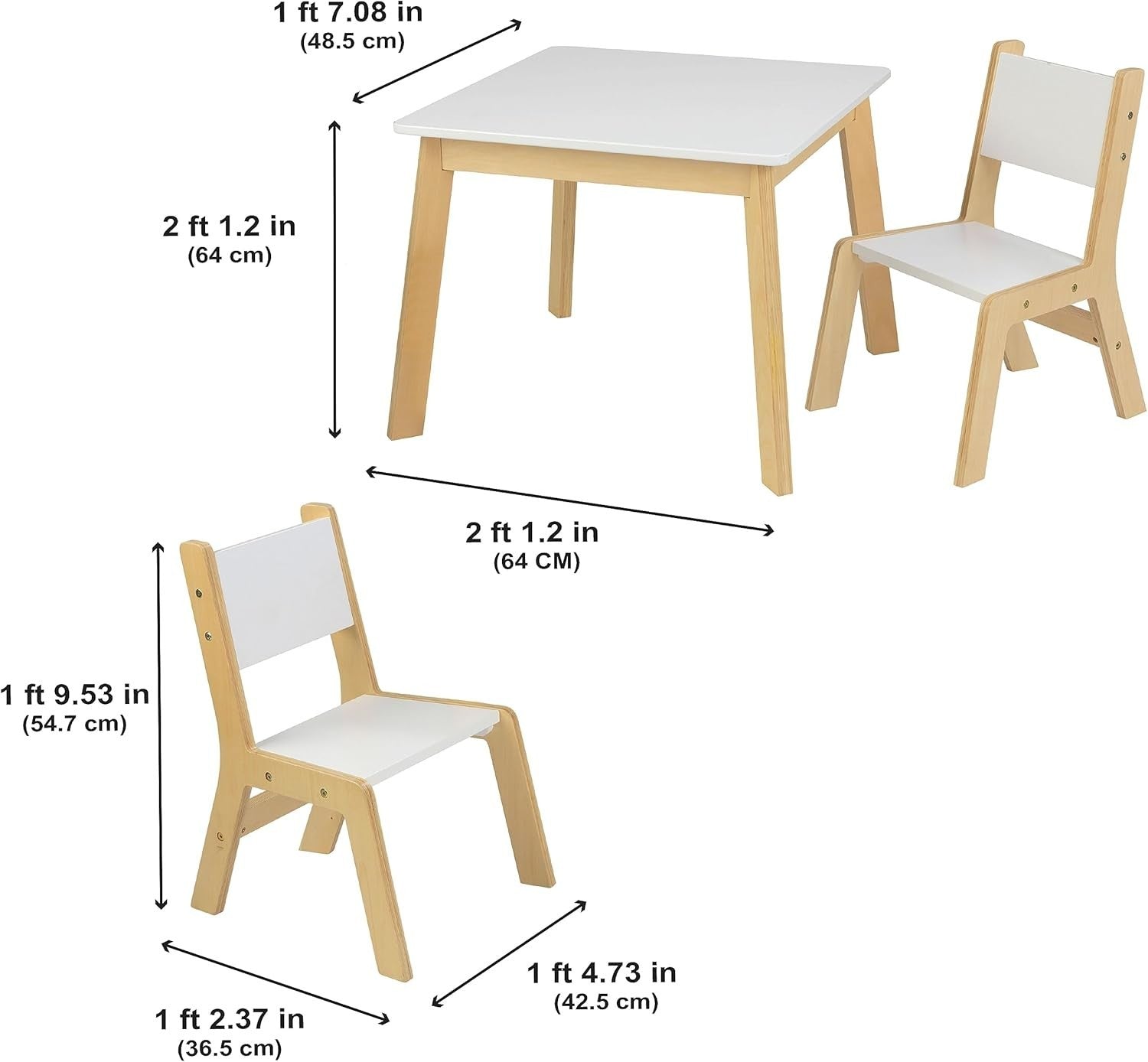 Kids Wooden Table & 2 Chairs Set, Modern White Playroom Furniture 64cm