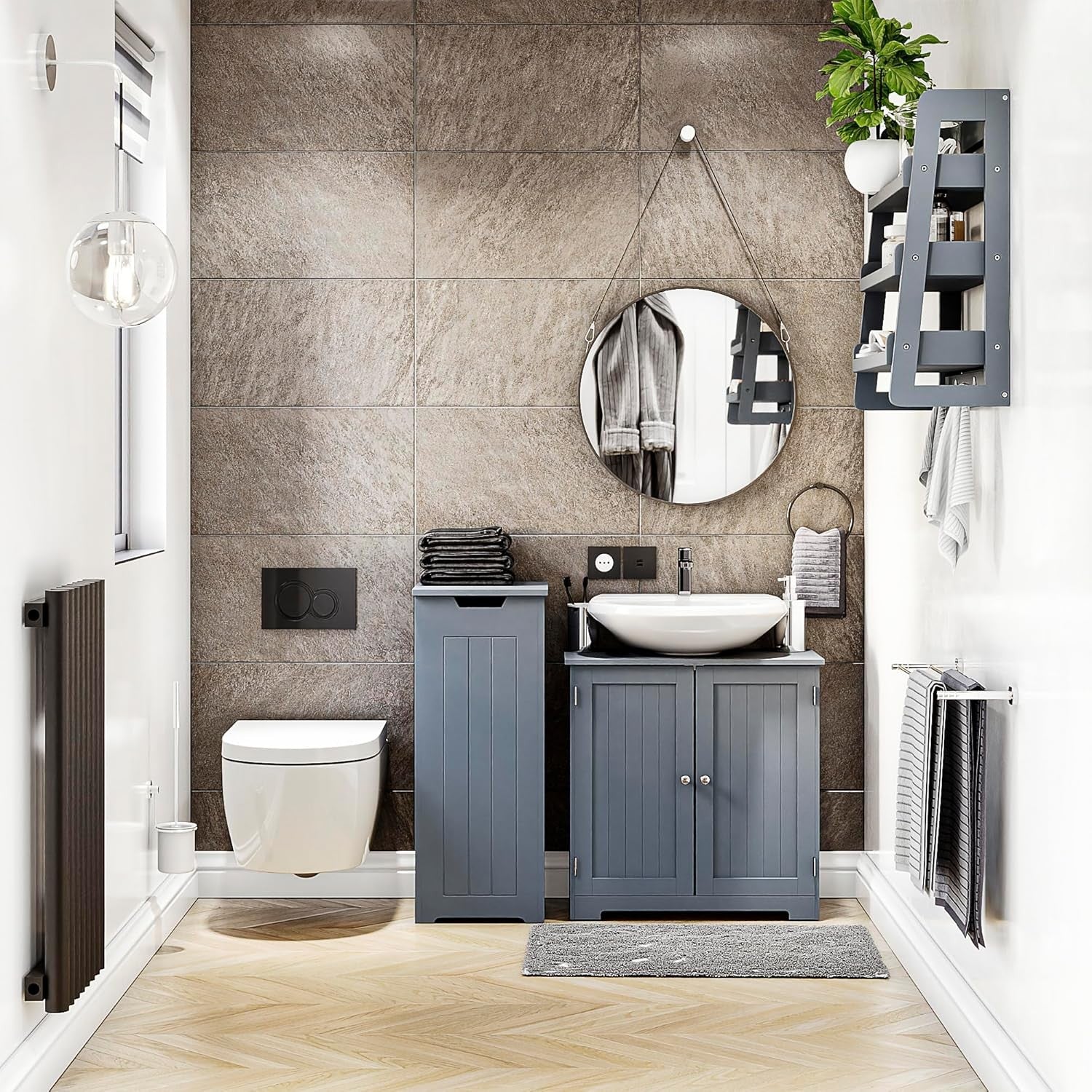 Grey Laundry Hamper Cabinet Slim Bathroom Storage Unit Modern 77x30x30cm