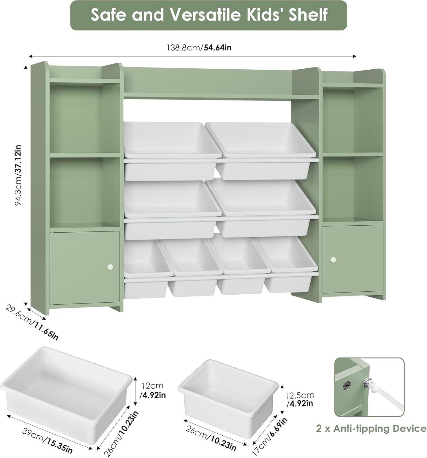 Kids Toy Storage Unit with 8 Boxes & Shelves – Green Bookcase Organizer