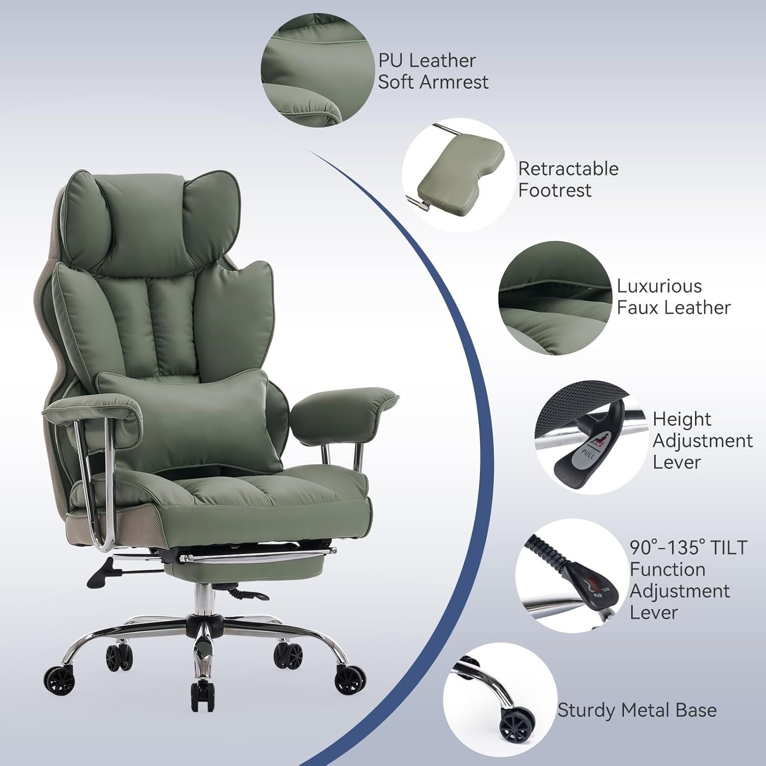 Executive Office Chair Footrest Swivel Adjustable Recliner PU Leather Heavy Duty