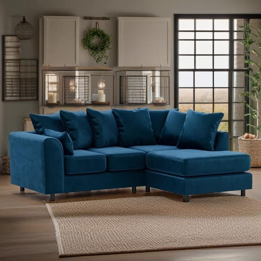 Blue Plush Velvet 4 Seater L Shape Corner Sofa – Modular, Comfy & Stylish