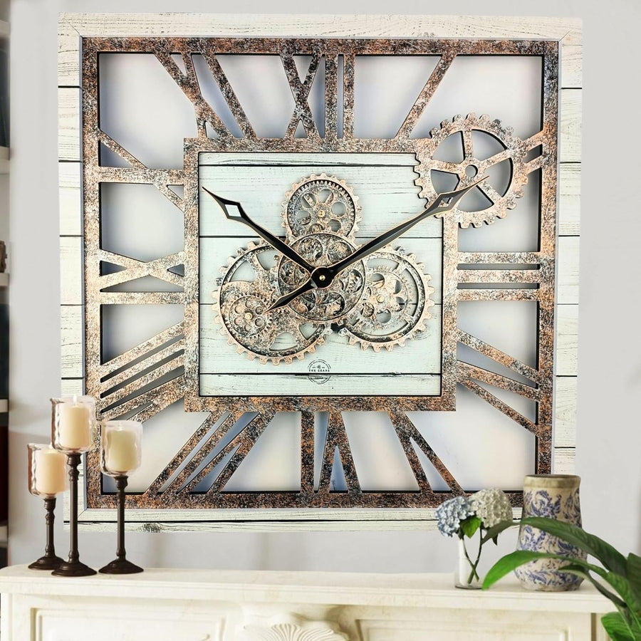 Oversized 24" Gear Wall Clock Square White Farmhouse Vintage Industrial Decor
