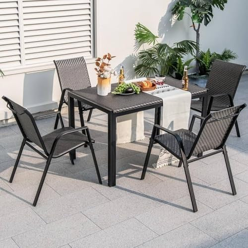 5-Piece Patio Rattan Dining Set Outdoor Garden Table & Stackable Chairs