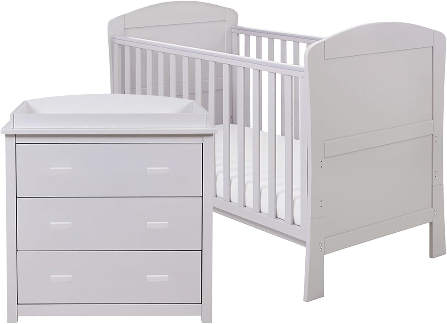 2pc Grey Nursery Furniture Set Drop Side Cot Bed Chest Drawers Storage