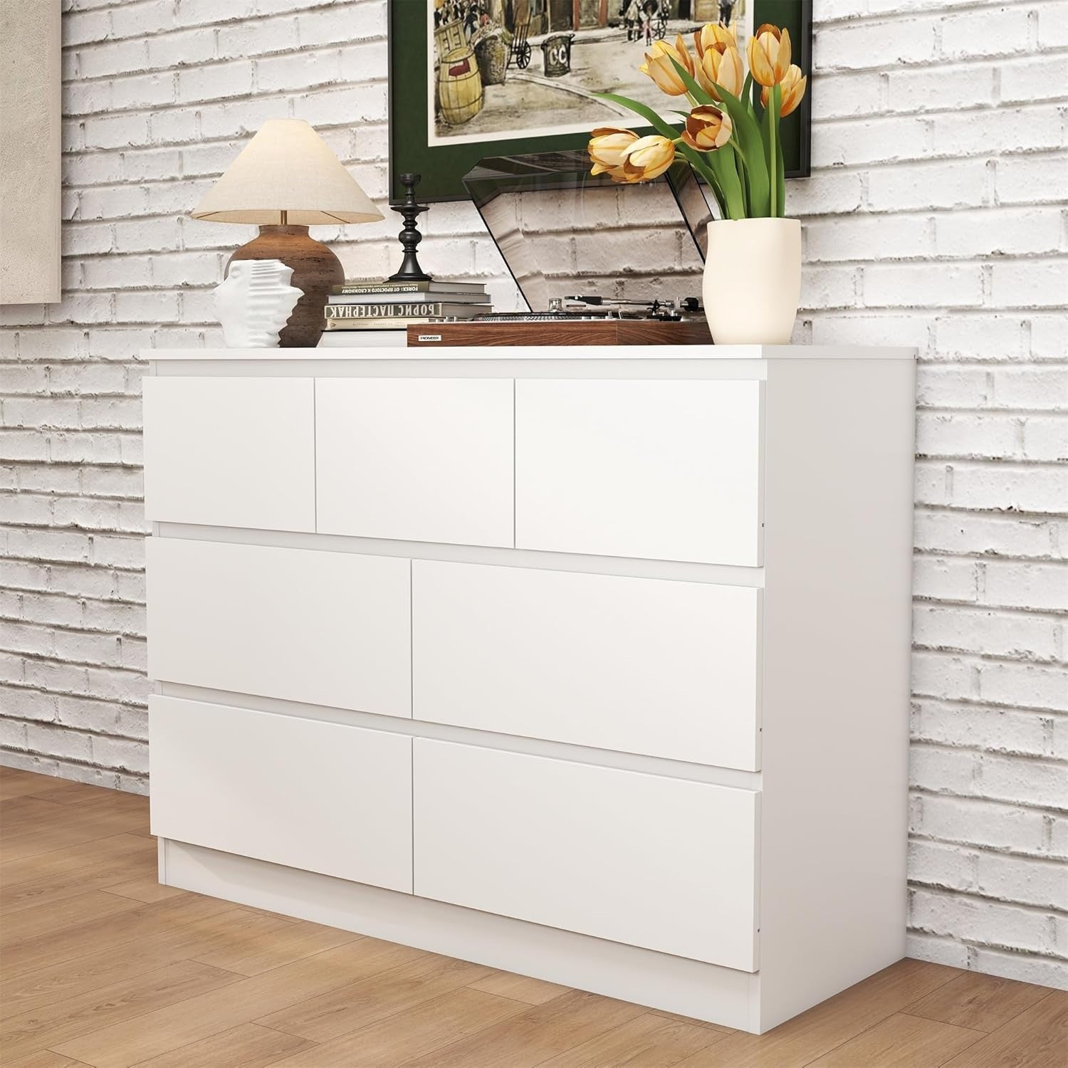 White 7 Drawer Wide Chest of Drawers Modern No Handle Storage 106x80cm