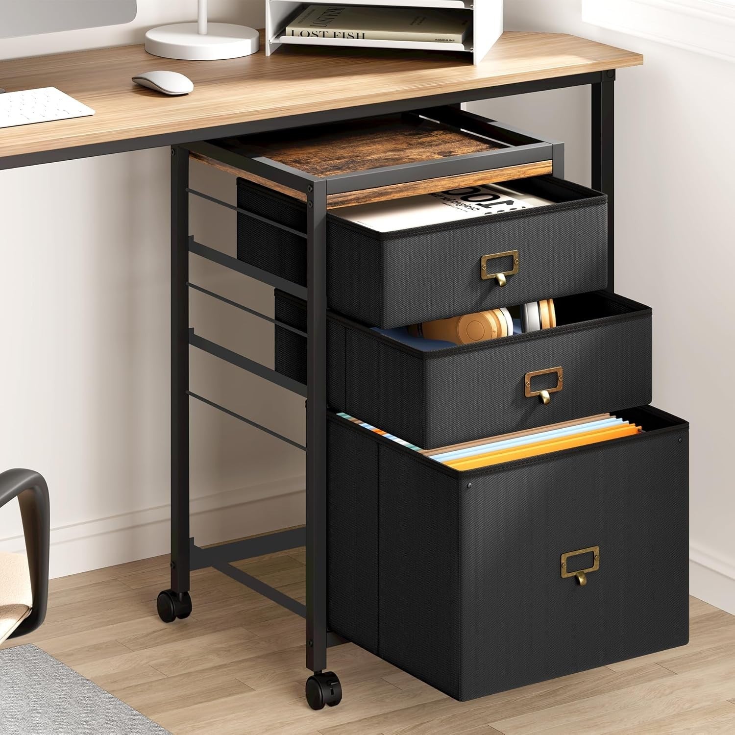 Retro Rolling File Cabinet 3 Drawer Under Desk A4 Letter Storage Black