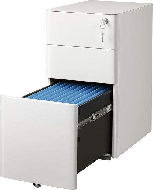 White 3 Drawer Lockable File Cabinet 45x30x59cm Mobile Steel