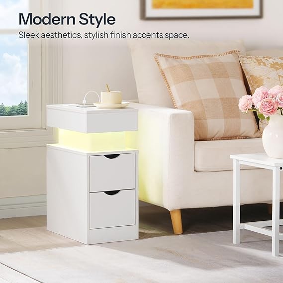Slim LED Bedside Table  Charging Station, 2 Drawers, Modern White Nightstand