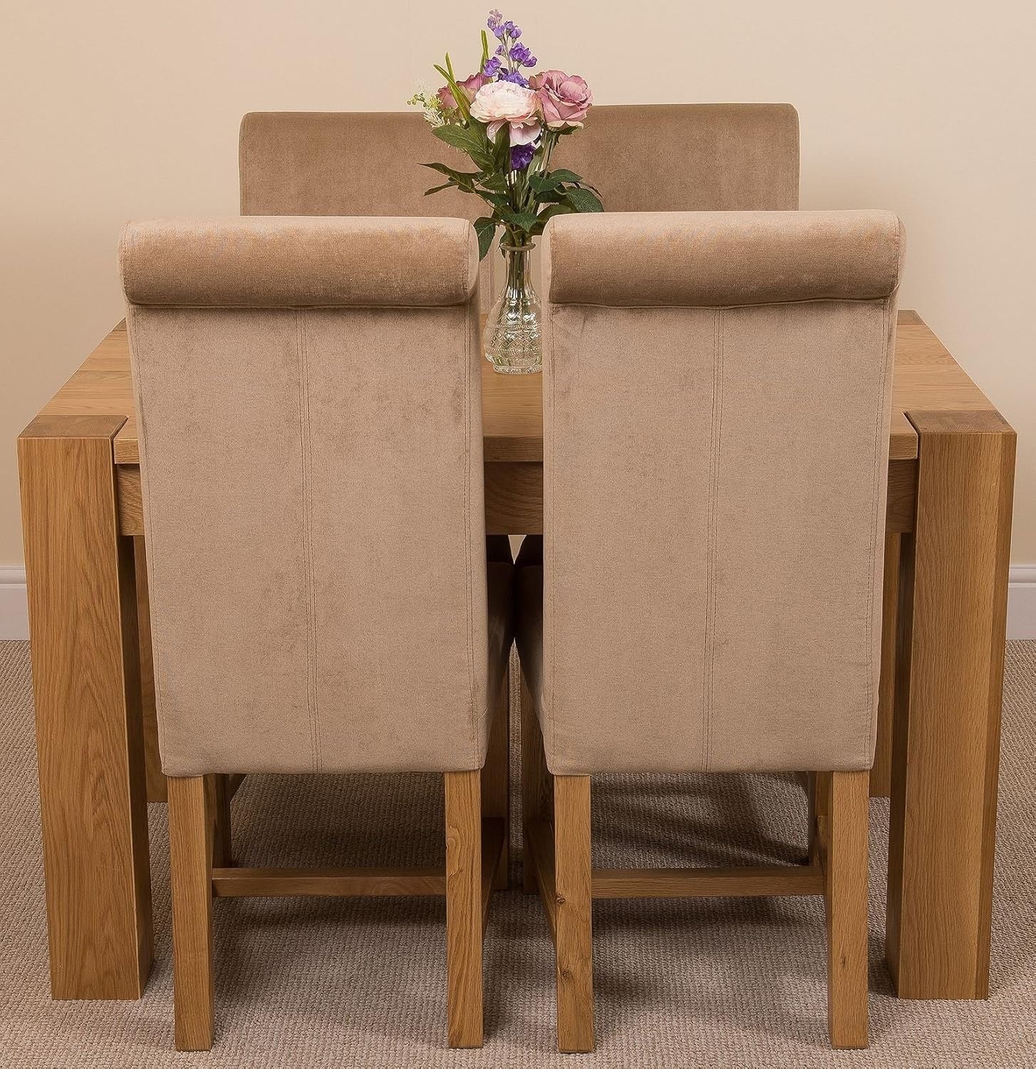 Oak Dining Table & 4 Beige Chairs Set | Small Space Kitchen Dining Room