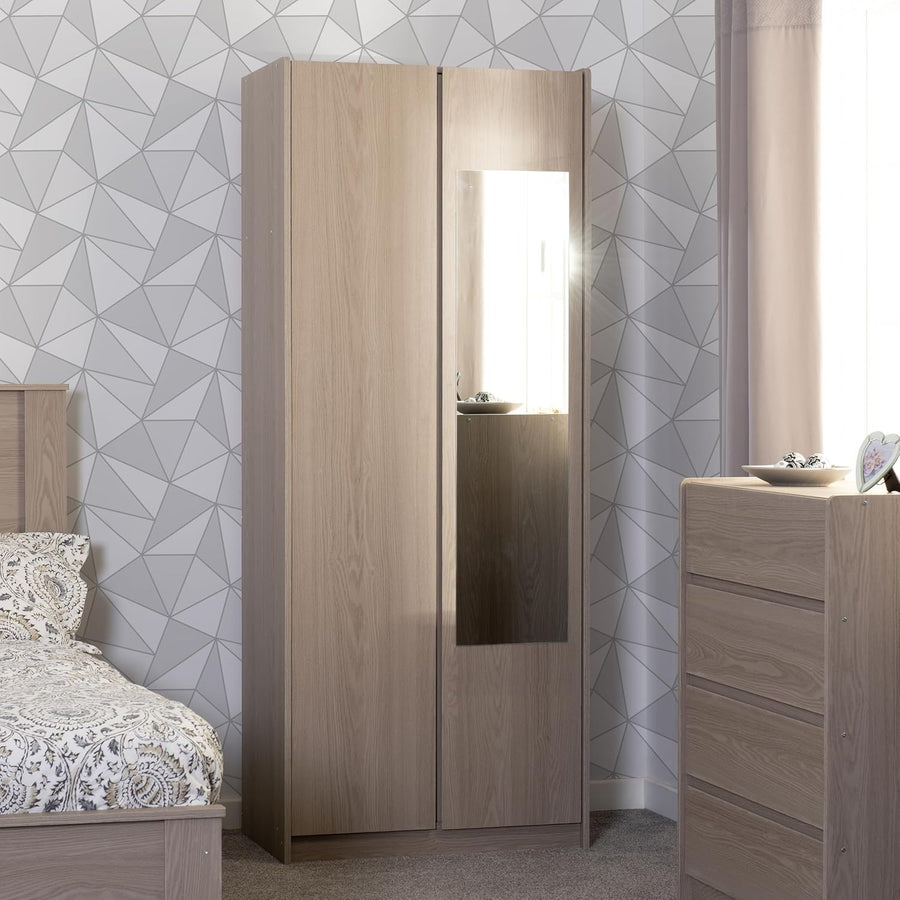 2 Door Mirrored Wardrobe Smoked Ash Effect Bedroom Storage with Rail