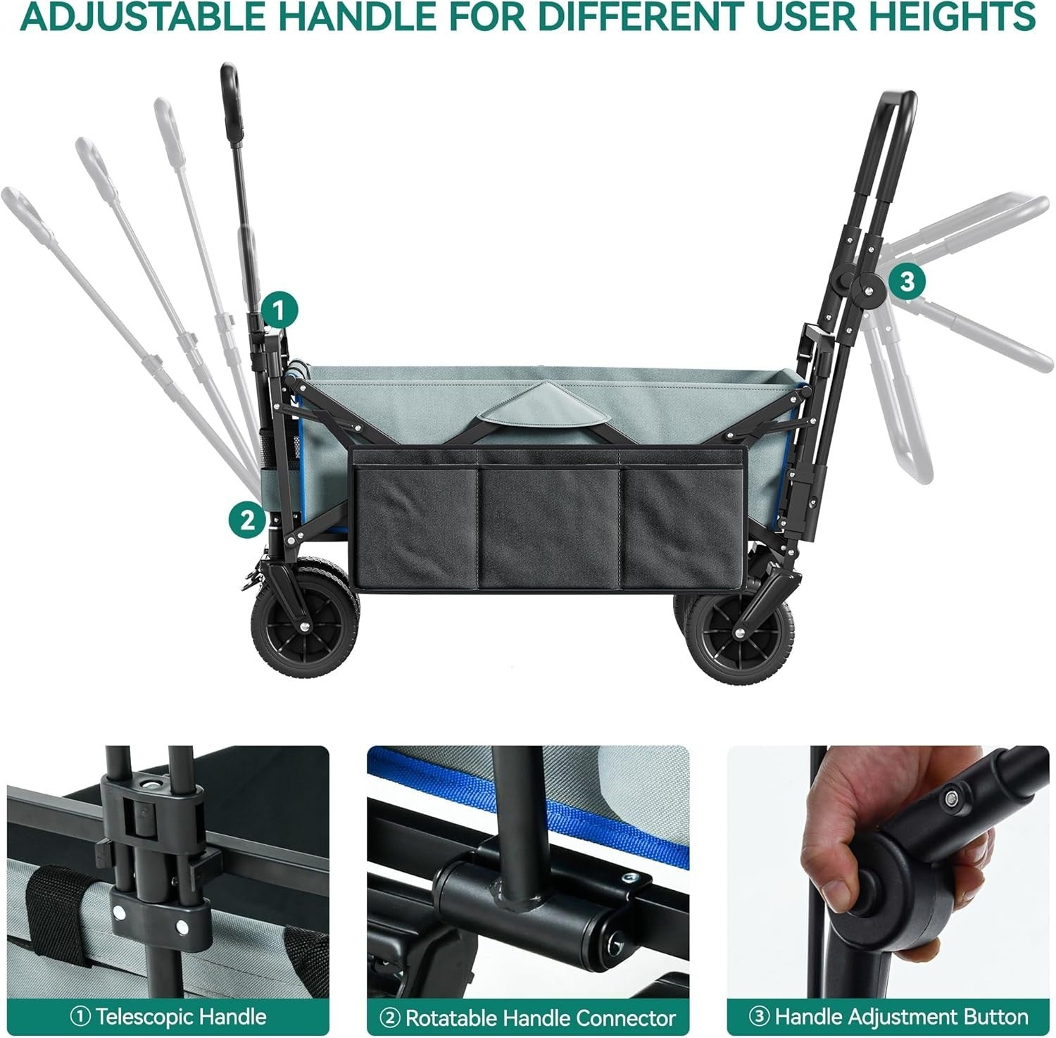 Grey Folding Beach Wagon Cart w/ Canopy Push Pull Large 220lb Capacity