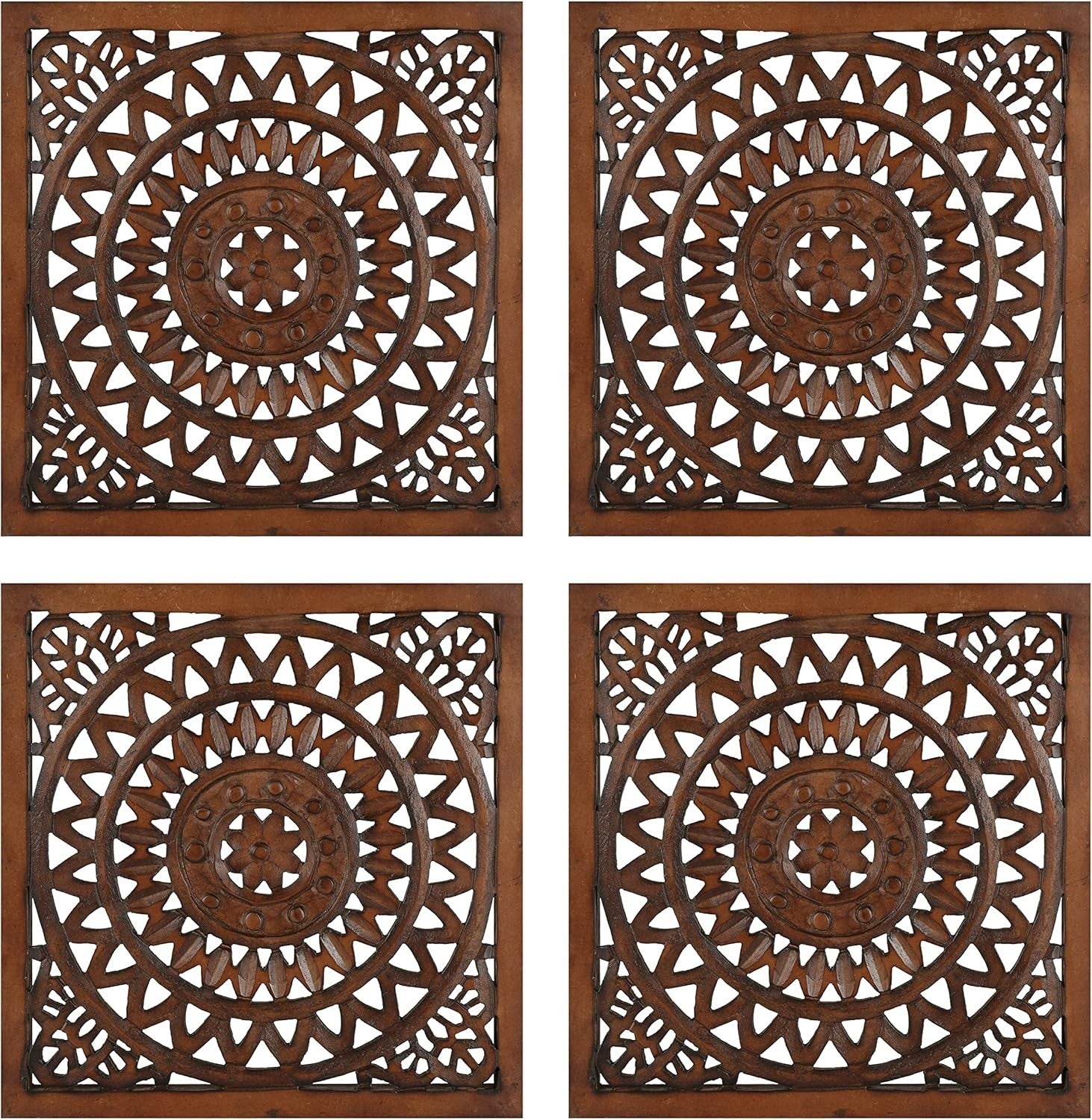 Set of 4 Wooden Wall Plaques Hand Carved Decor Panels 16x16