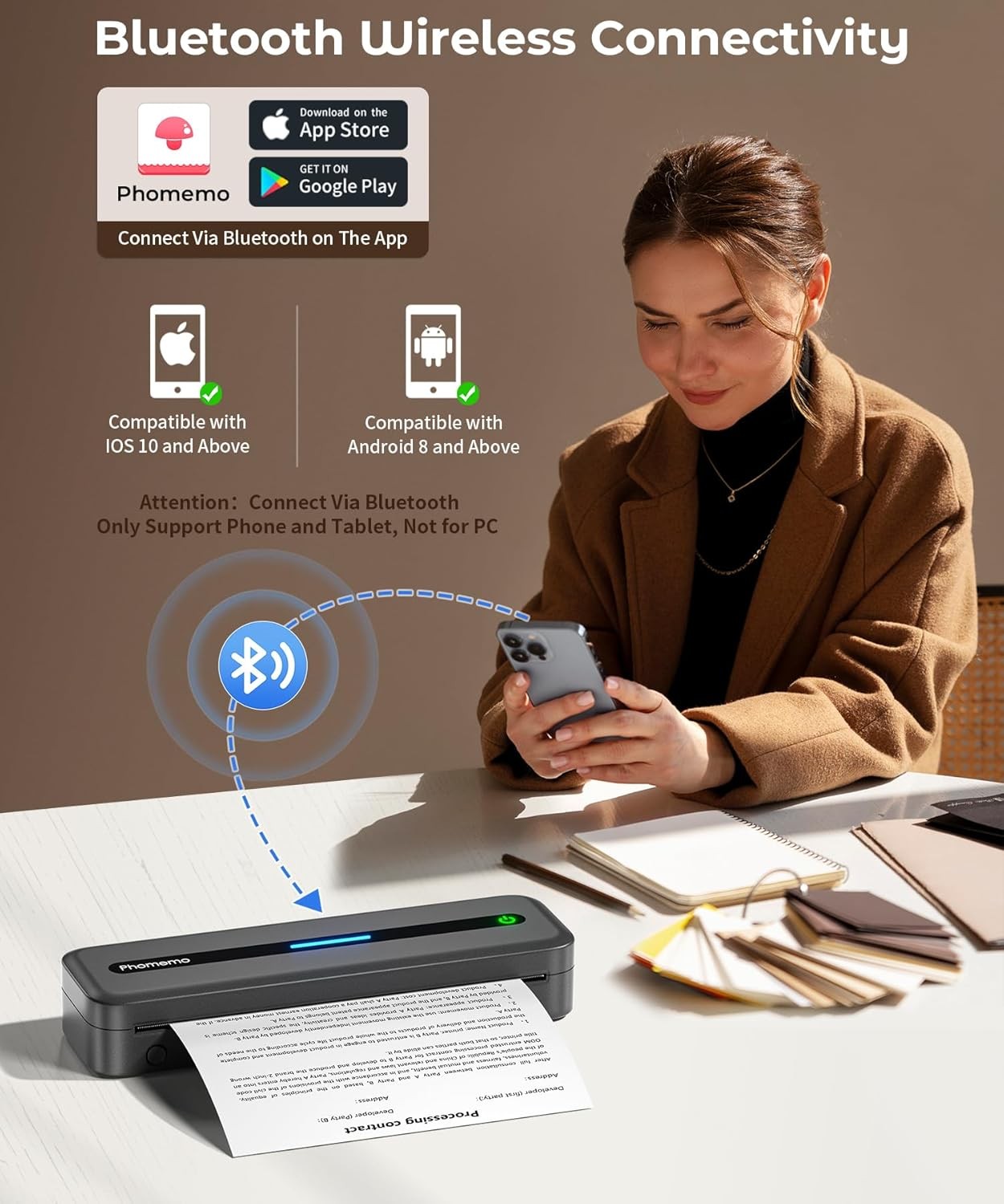 A4 Portable Thermal Printer 300DPI Bluetooth Inkless Grey