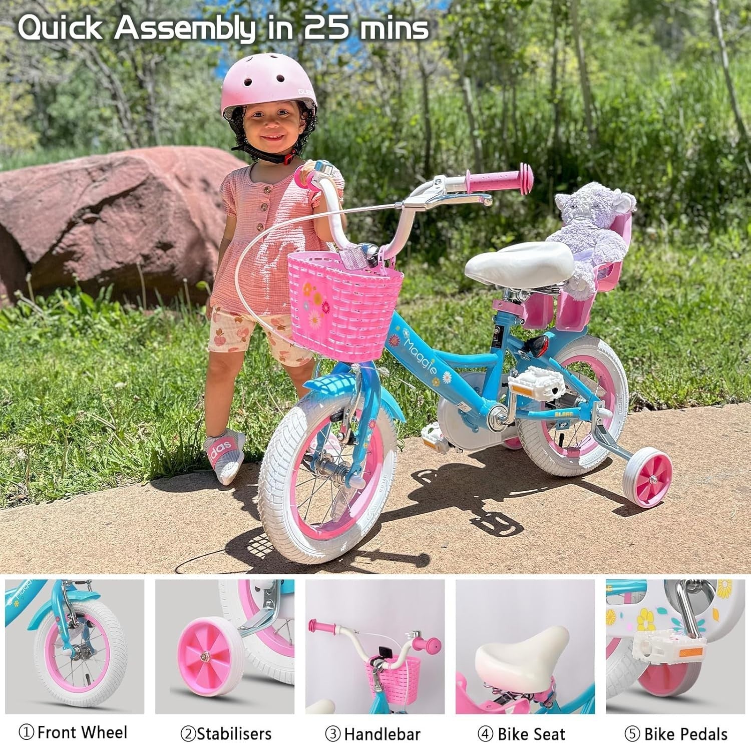 12 Inch Girls Bike Kids Bicycle Basket Doll Seat Stabilisers Blue Age 2-4