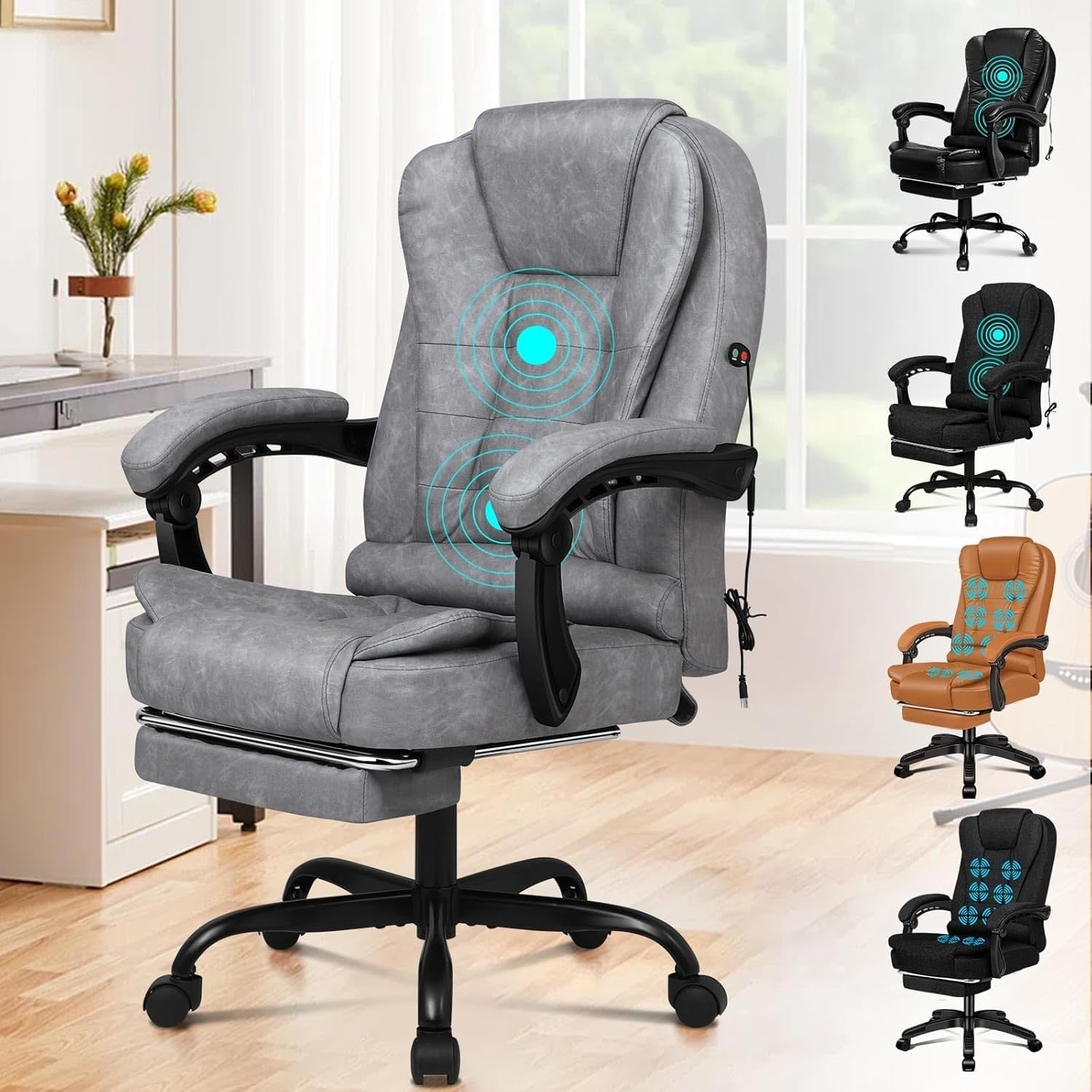 Grey Massage Office Chair Recliner Footrest Ergonomic PU Leather Swivel