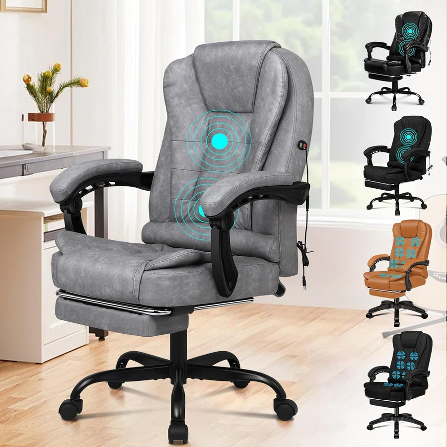 Grey Massage Office Chair Recliner Footrest Ergonomic PU Leather Swivel