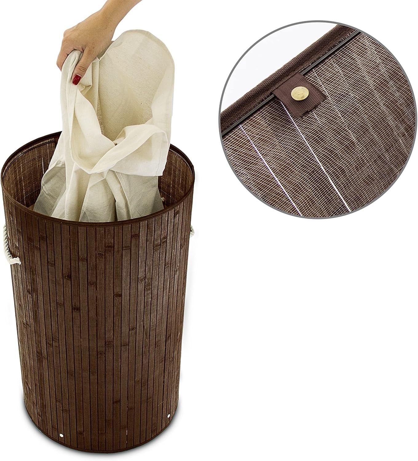 Round Bamboo Laundry Basket 80L with Lid & Cotton Liner Foldable Brown 65×41cm
