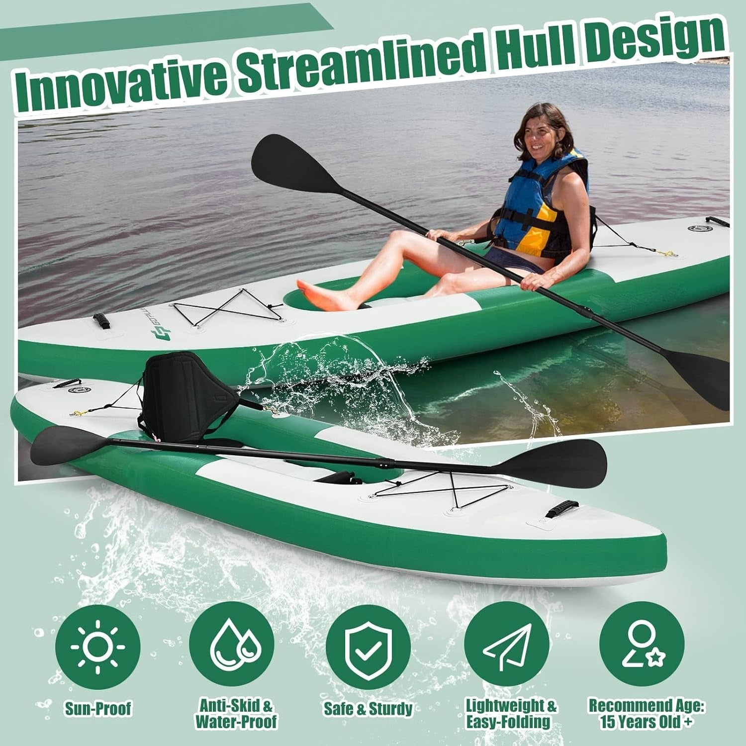10.8FT Inflatable Kayak 1 Person Canoe w/ Oar Pump Seat Green