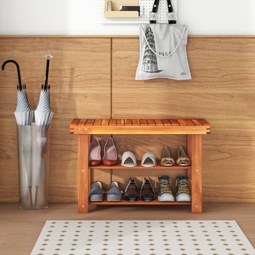 70cm Acacia Wood 3-Tier Shoe Rack Bench – Hallway Storage Seat
