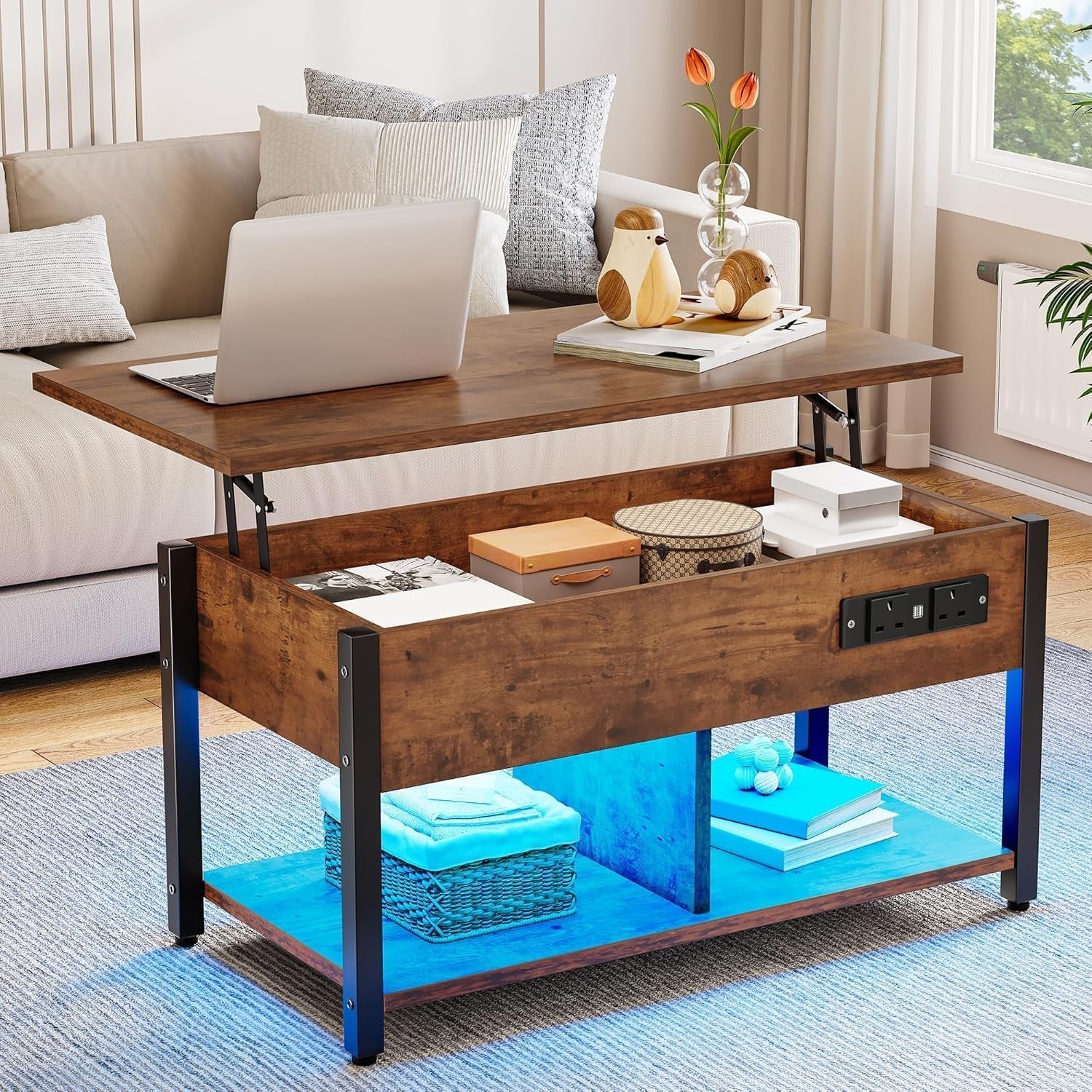 Lift-Top Coffee Table with Hidden Storage & LED Lights, Power Outlets
