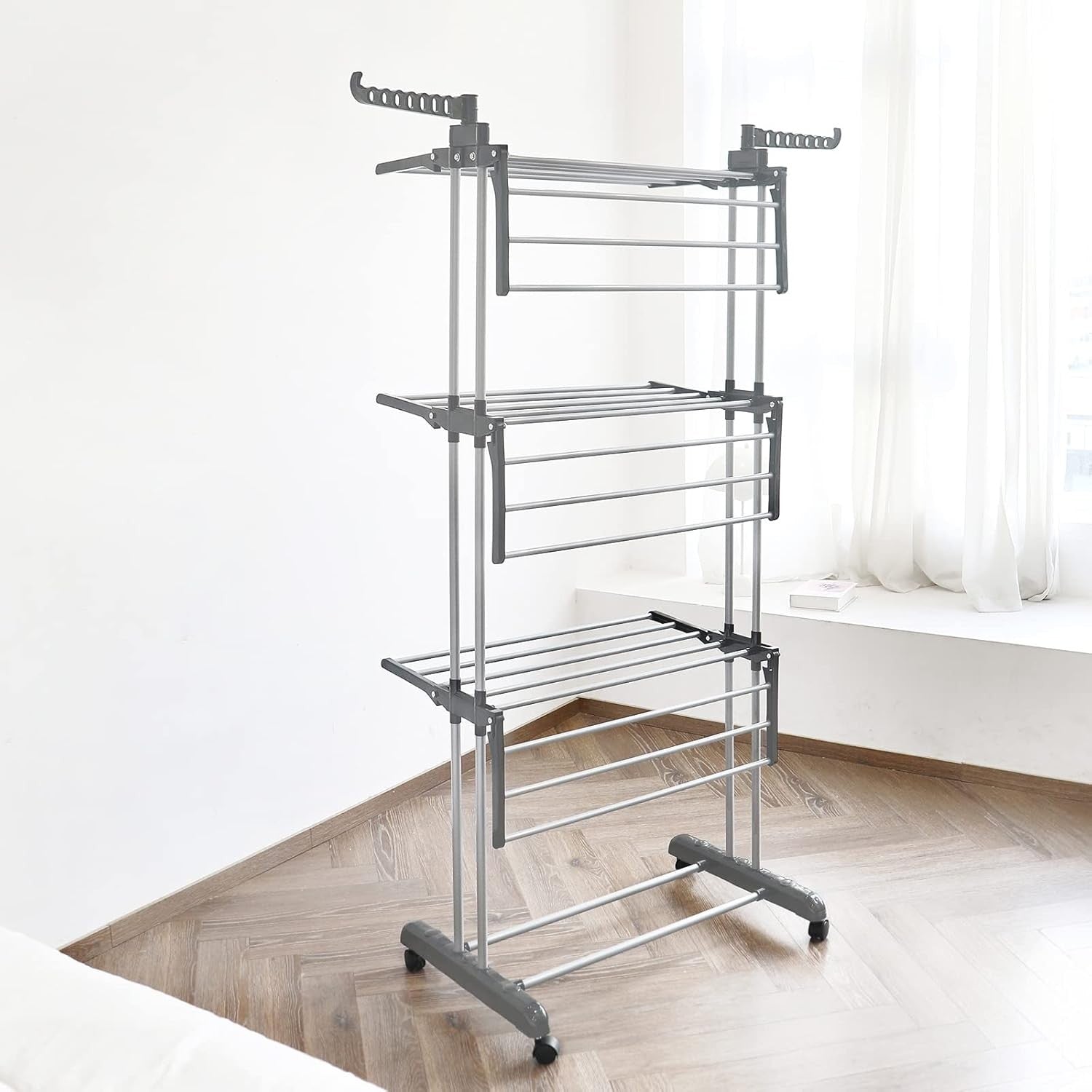 4 Tier Clothes Airer Folding Laundry Drying Rack with Wheels Space Saving