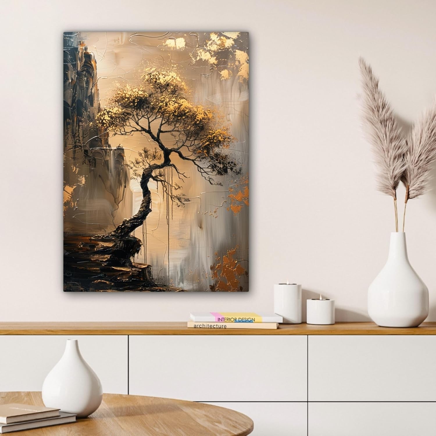 Large Framed Canvas Wall Art 50x70cm Gold Tree Abstract