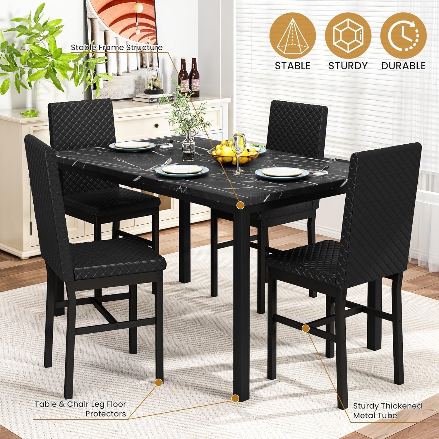 5-Piece Dining Table & 4 Chairs, Faux Marble Top, Modern Kitchen Set, Black