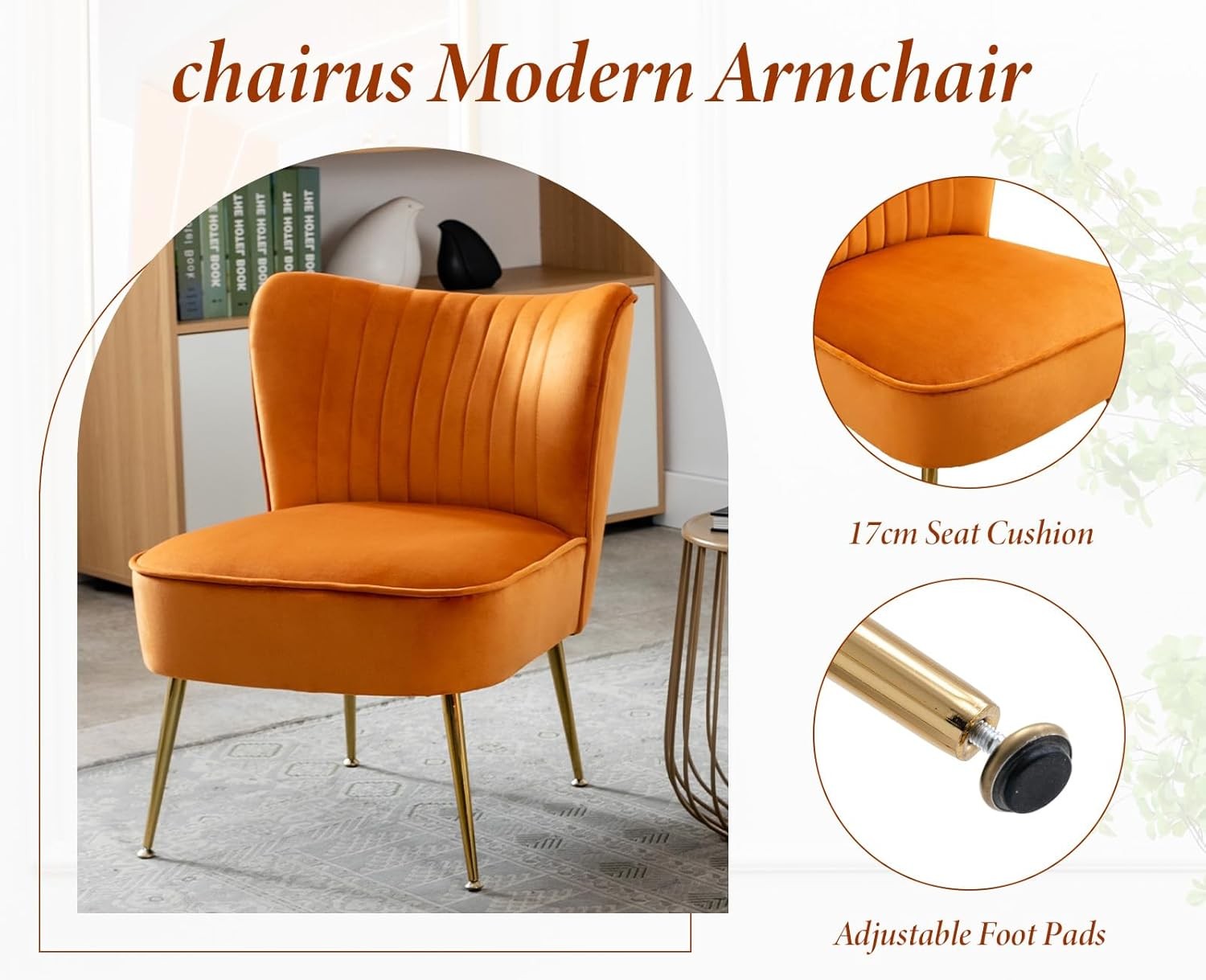Orange Velvet Accent Tub Chair Gold Legs Modern Armchair