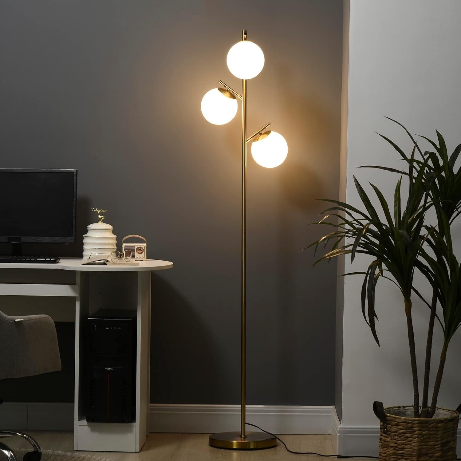 3-Light Tree Floor Lamp with Globe Shades & Adjustable 3 Color Temps