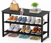 Black 3 Tier Shoe Rack Bench with Wooden Seat Metal Frame Storage Shelf 75x29x46