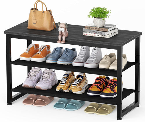 Black 3 Tier Shoe Rack Bench with Wooden Seat Metal Frame Storage Shelf 75x29x46