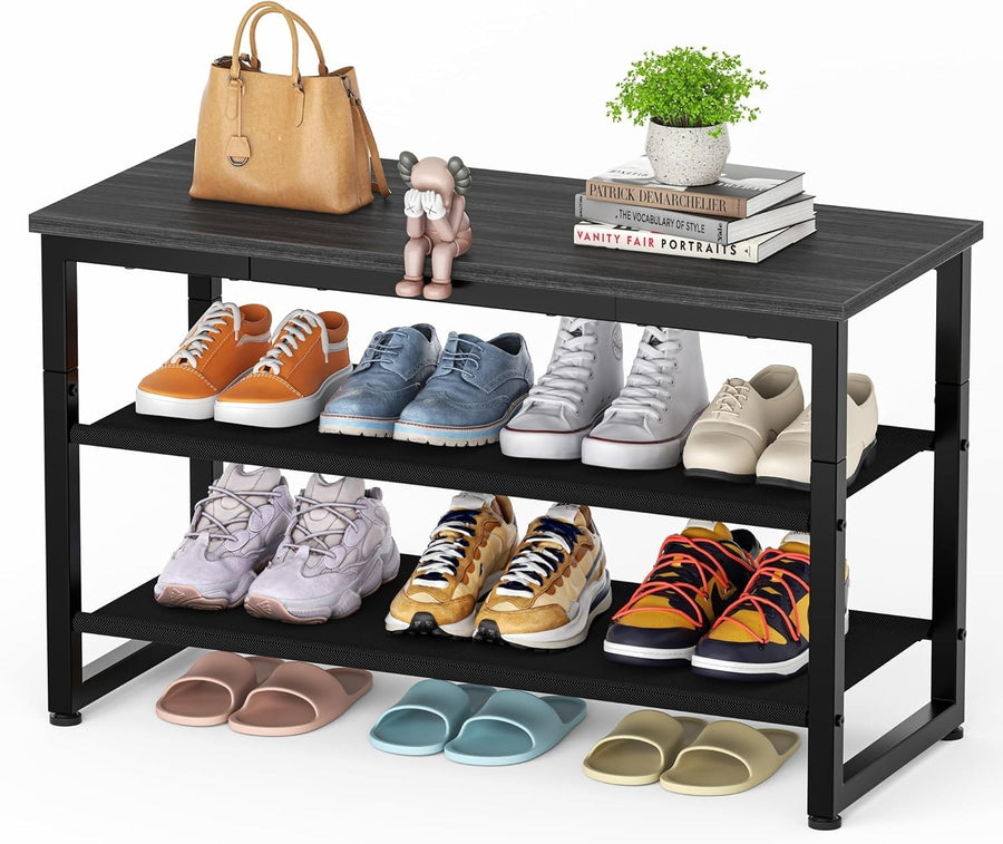Black 3 Tier Shoe Rack Bench with Wooden Seat Metal Frame Storage Shelf 75x29x46