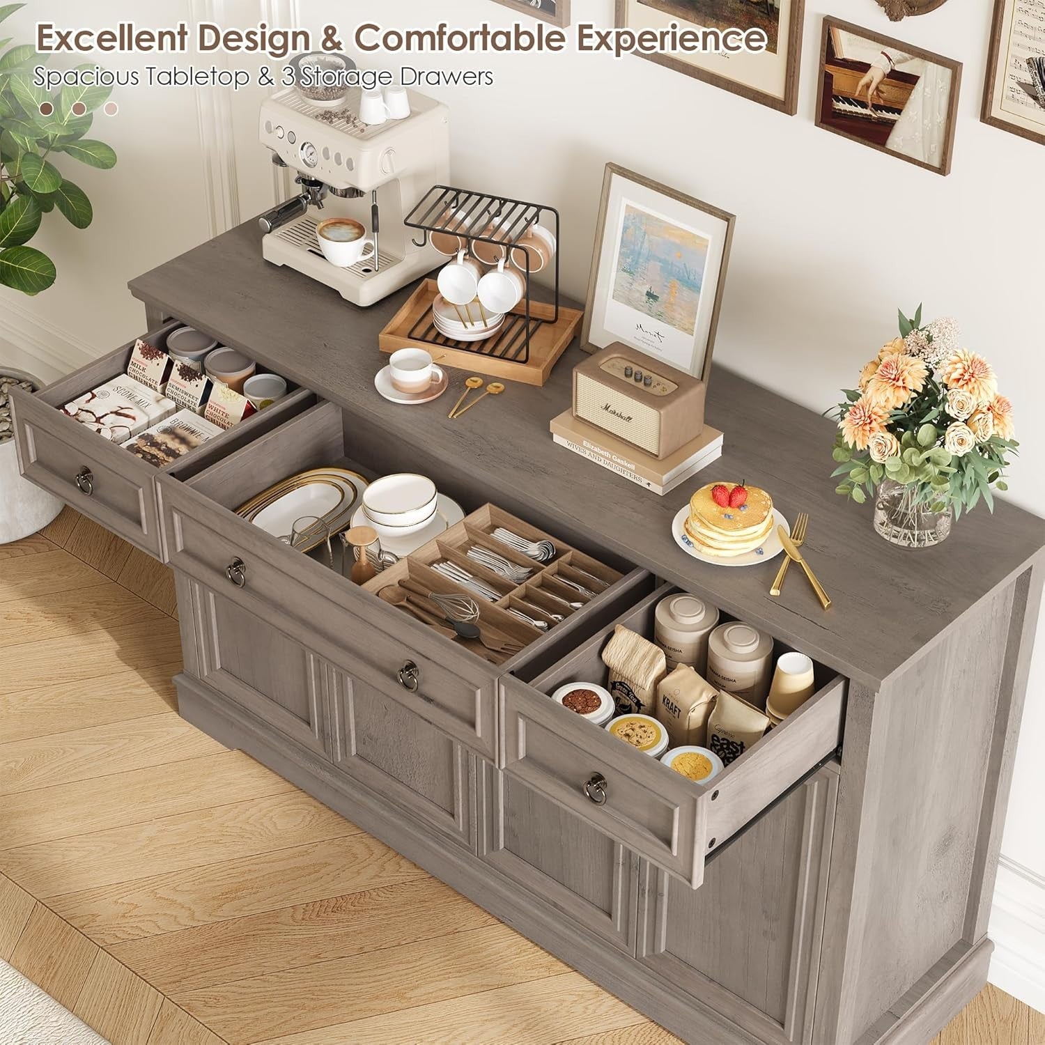 Grey Sideboard Cabinet 4 Door 3 Drawer Storage Unit for Dining Kitchen**