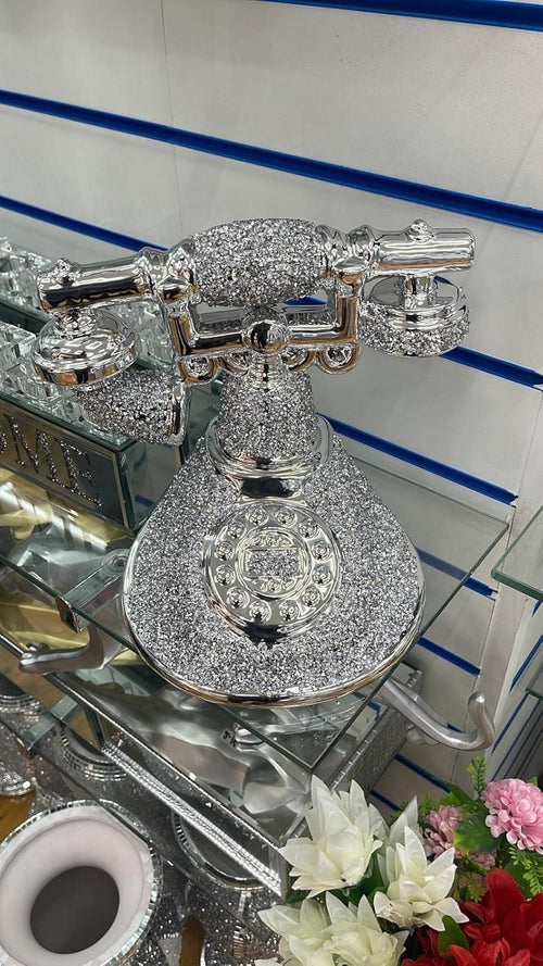 Crushed Diamond Telephone Ornament Silver Crystal Bling Decor Sparkly