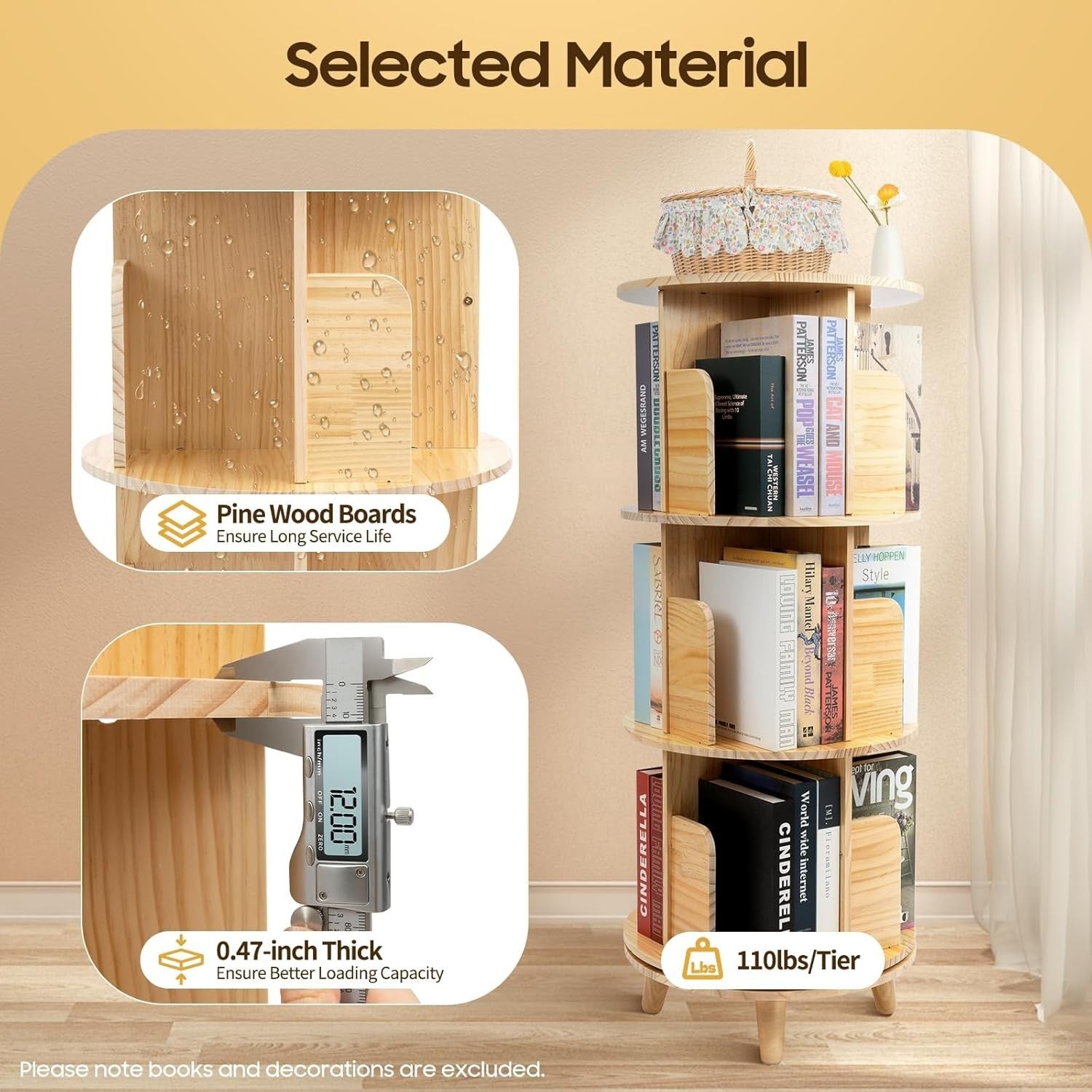 3 Tier Rotating Bamboo Bookshelf Tower | 360° Display Organizer 111cm