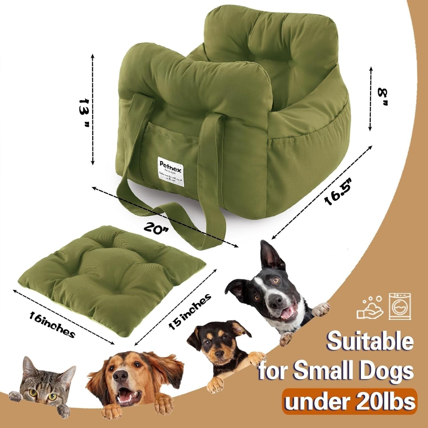 Puppy Car Booster Seat Pet Travel Carrier Bed Small Dogs Army Green