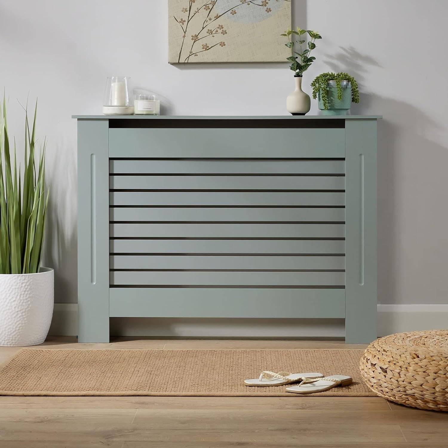 Grey Radiator Cover Wooden Slatted Grill Cabinet Shelf 112x19x82cm Medium