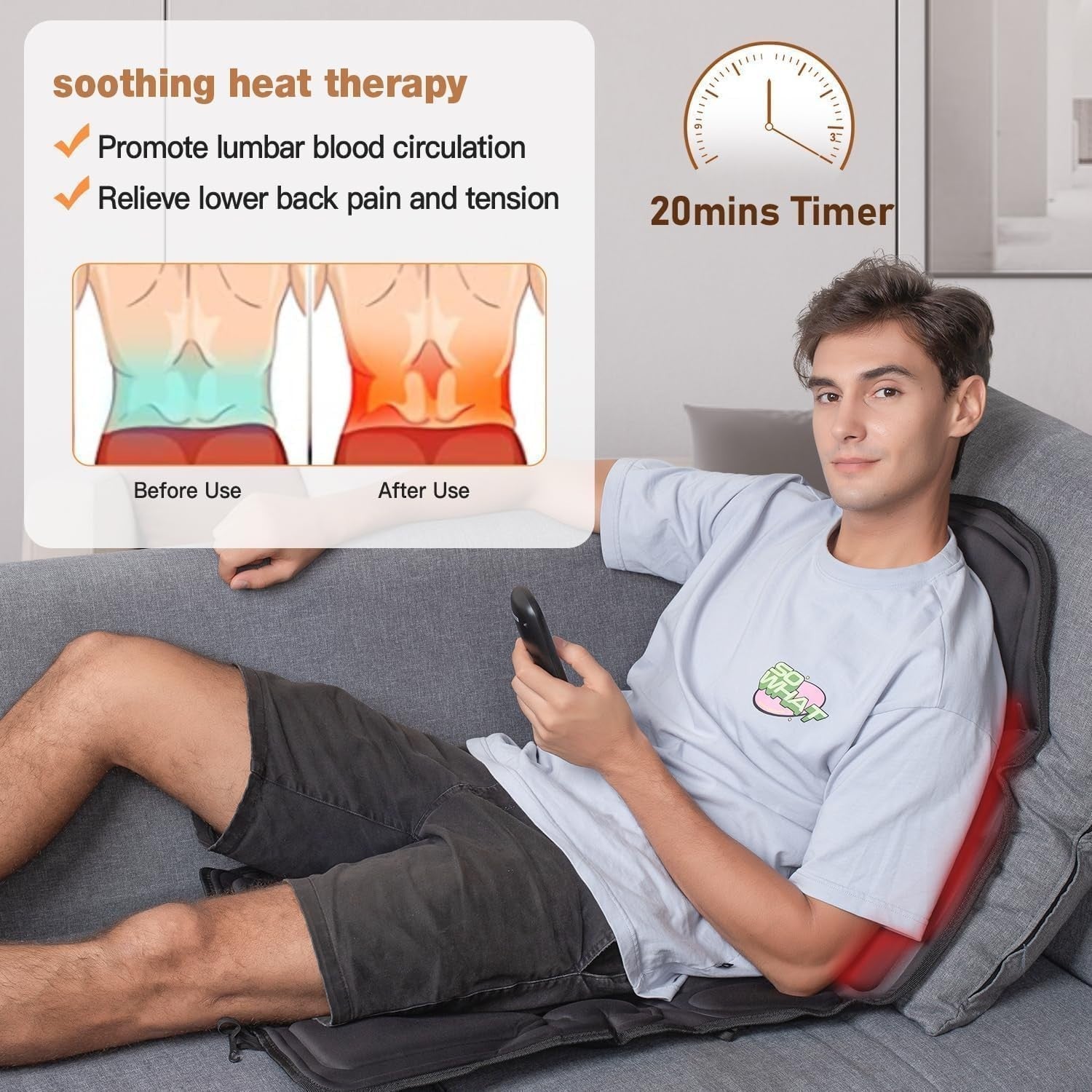 Back Massage Chair Pad Heat Vibration Cushion 10 Motor Pain Relief Black