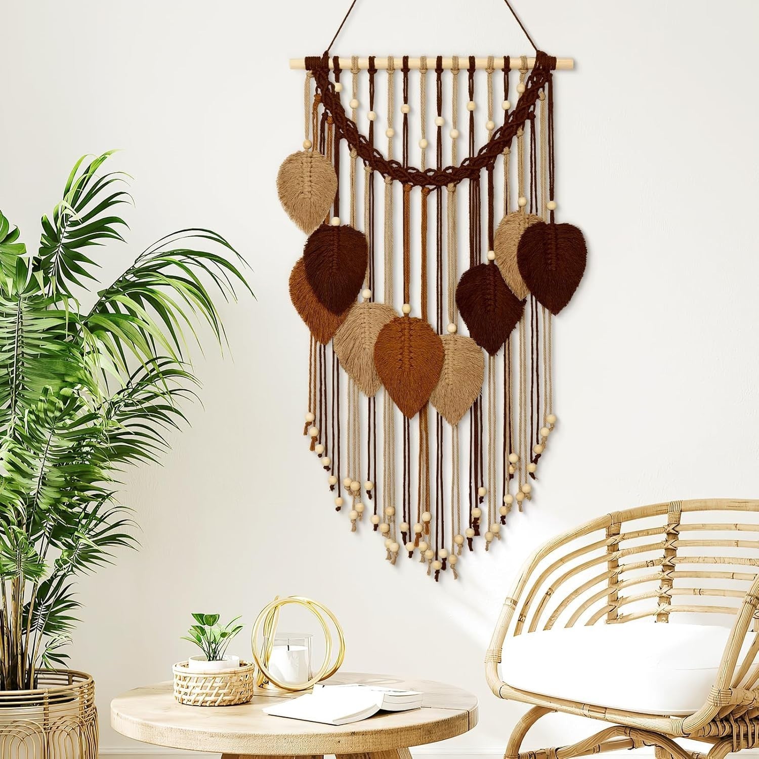 Macrame Wall Hanging Boho Leaf Woven Decor Khaki Brown