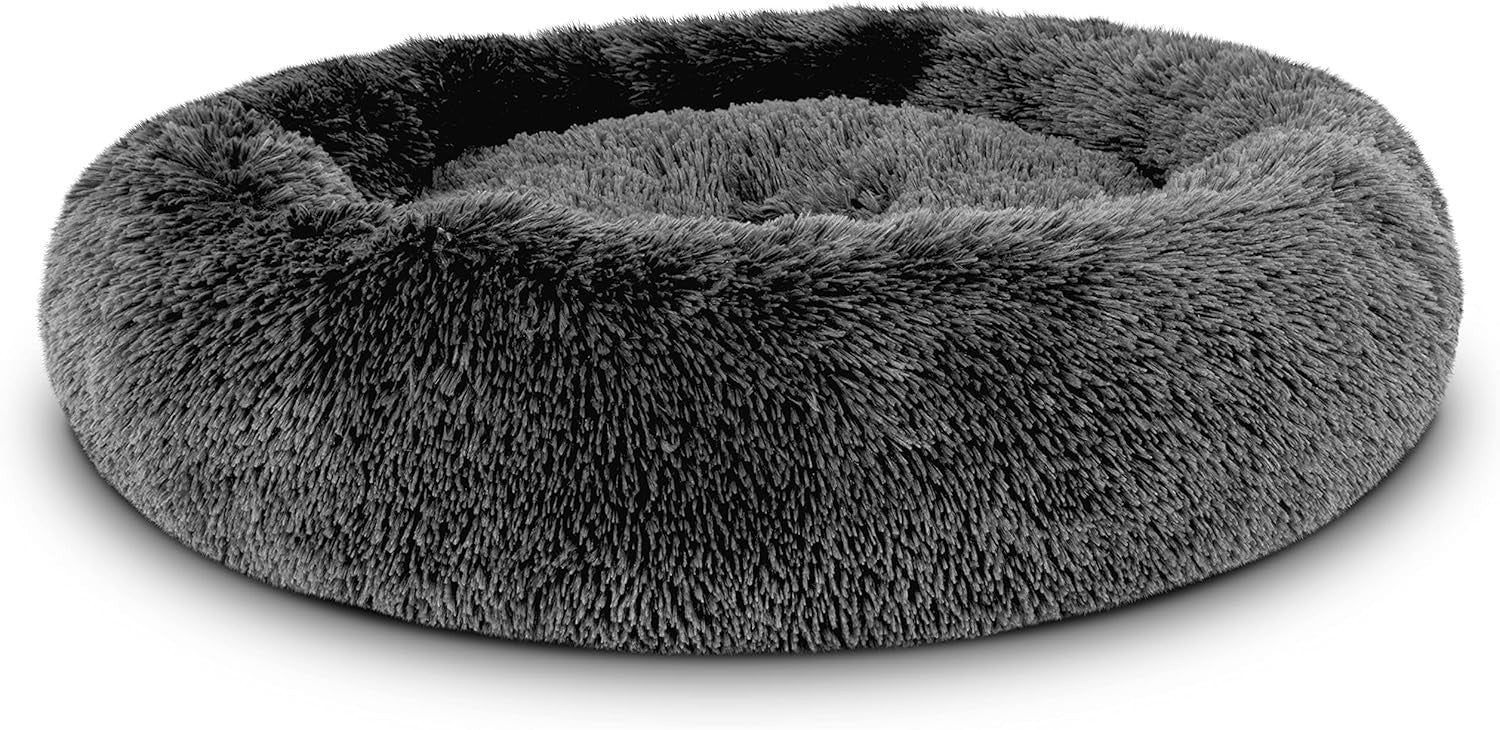 Medium Plush Donut Dog Bed 76cm Calming Round Nest Grey