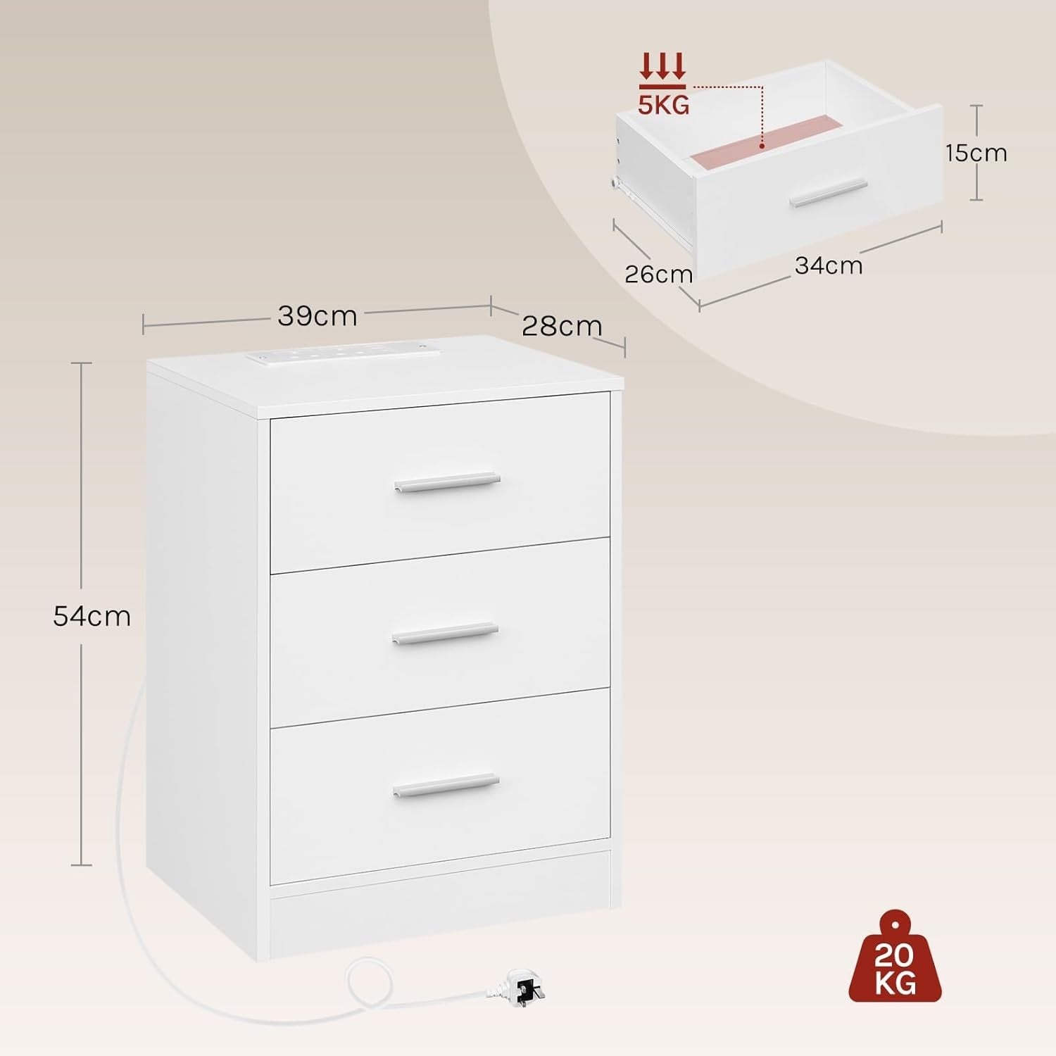 Pair of White 3 Drawer Bedside Tables with Charging Station – Modern Nightstands