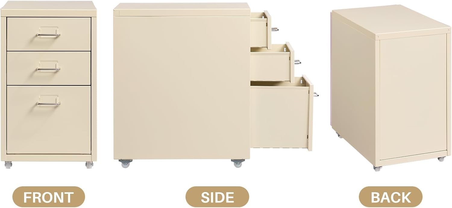 Cream Metal Rolling Drawer Cabinet 3 Tier Under Desk File Storage