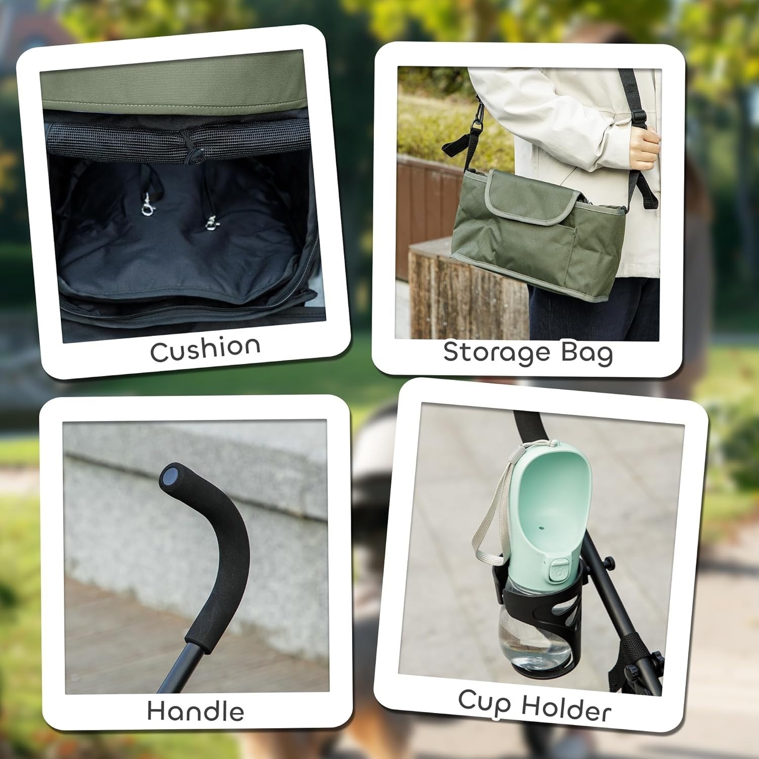 Lightweight Dog Stroller Foldable Pet Pram with Strap Cup Holder Green