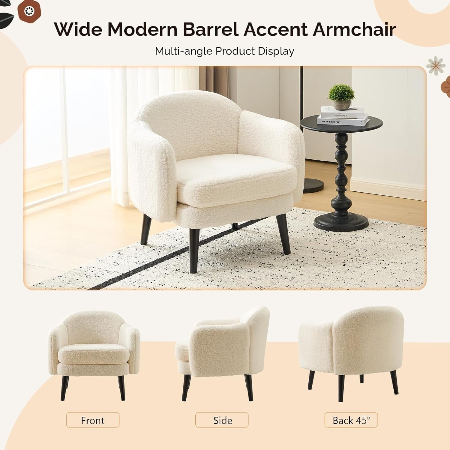 Modern Teddy Fleece Accent Armchair Wide Track Arms Wood Legs White