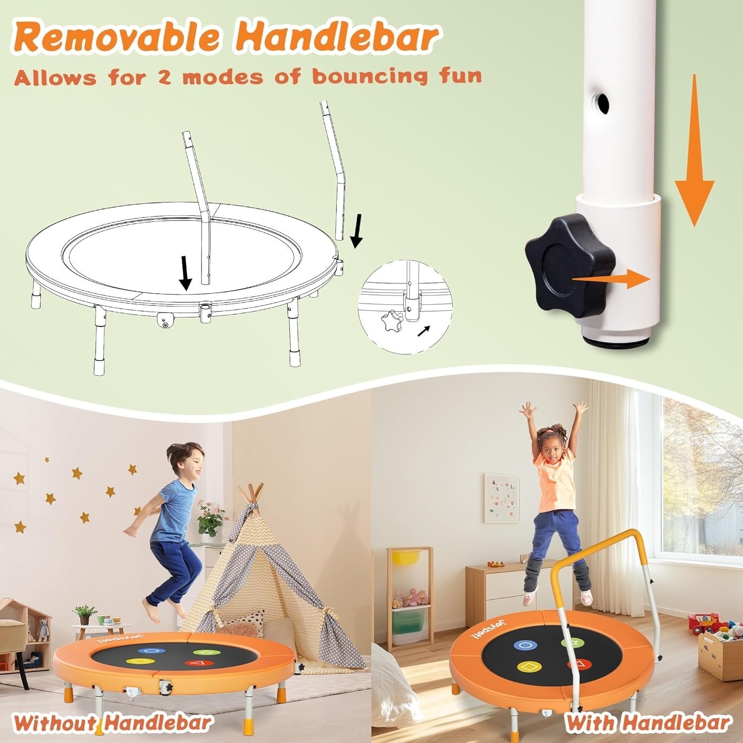 3FT Kids Trampoline Adjustable Handle Silent Indoor Rebounder Ages 1-6