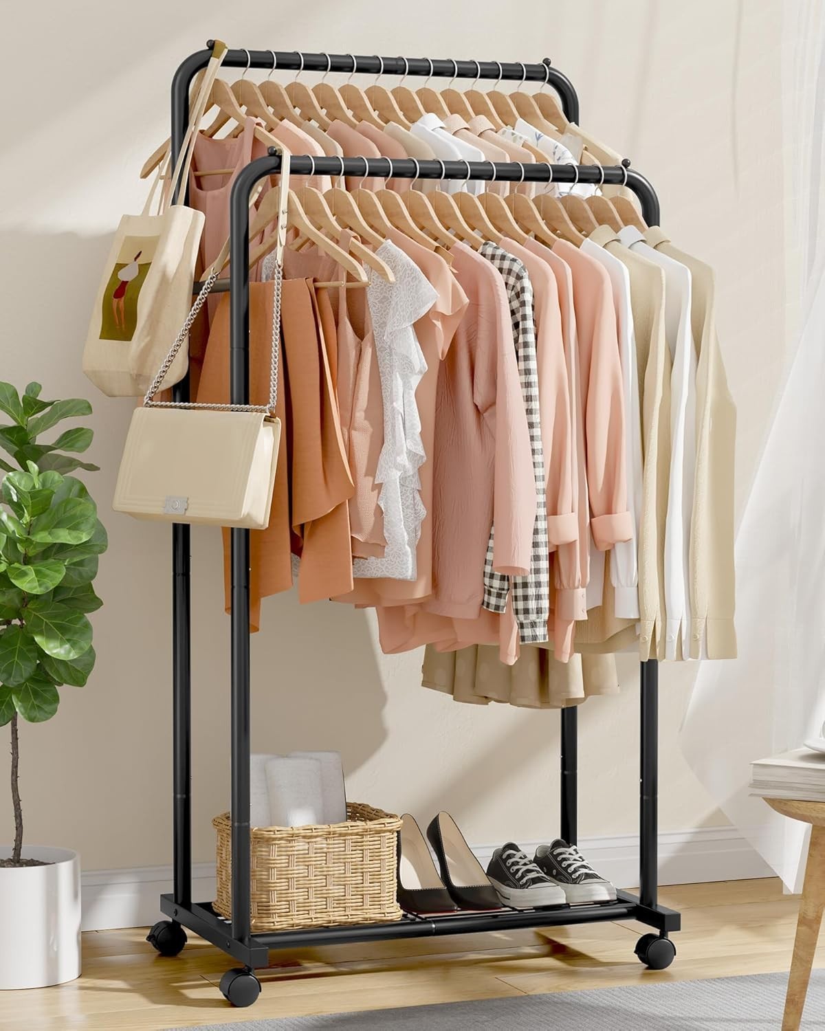 Heavy Duty Double Rod Clothes Rail with Wheels & Shelf – Black 72×41×149c