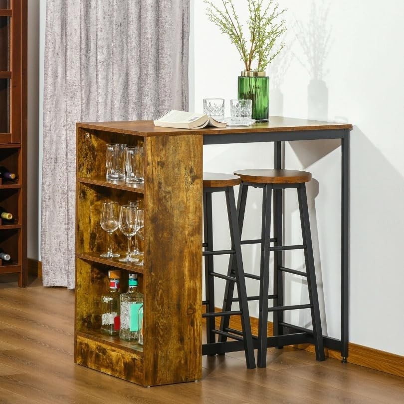 Industrial Bar Table Set with Shelves & 2 Stools Rustic Brown Wood Metal