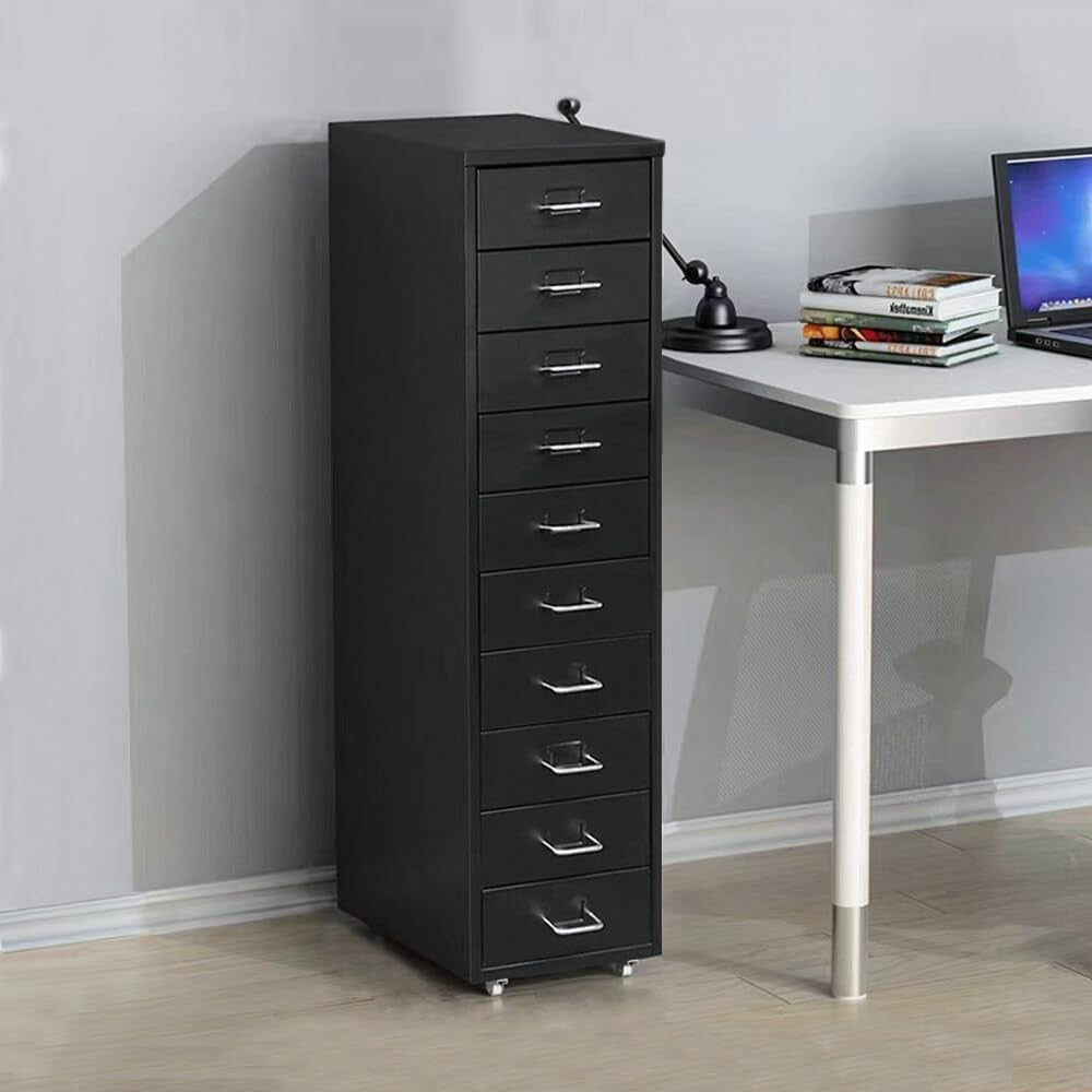 Tall Metal 10 Drawer Filing Cabinet Storage Unit on Wheels Home Office